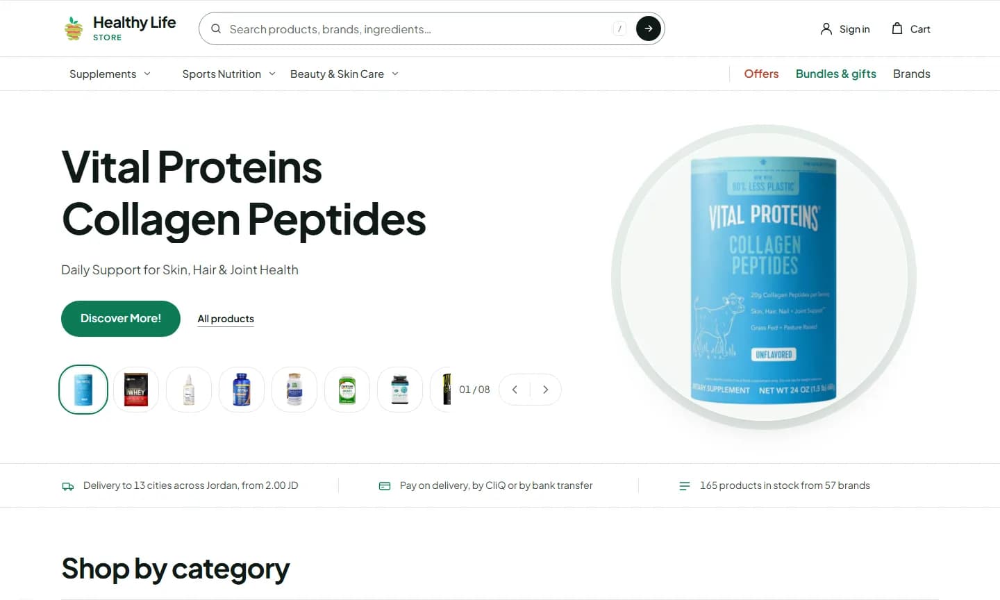 The Healthy Life Store home page in English on a desktop screen: a hero featuring one product, the category menu and a strip of store facts.